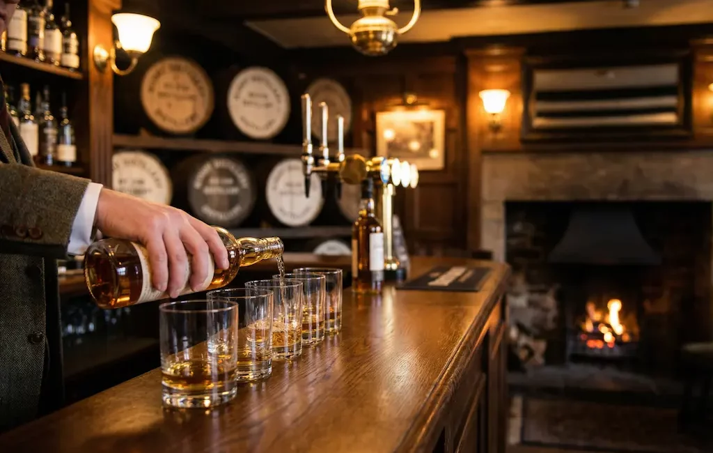 Verres de whisky alignés sur un comptoir de pub écossais