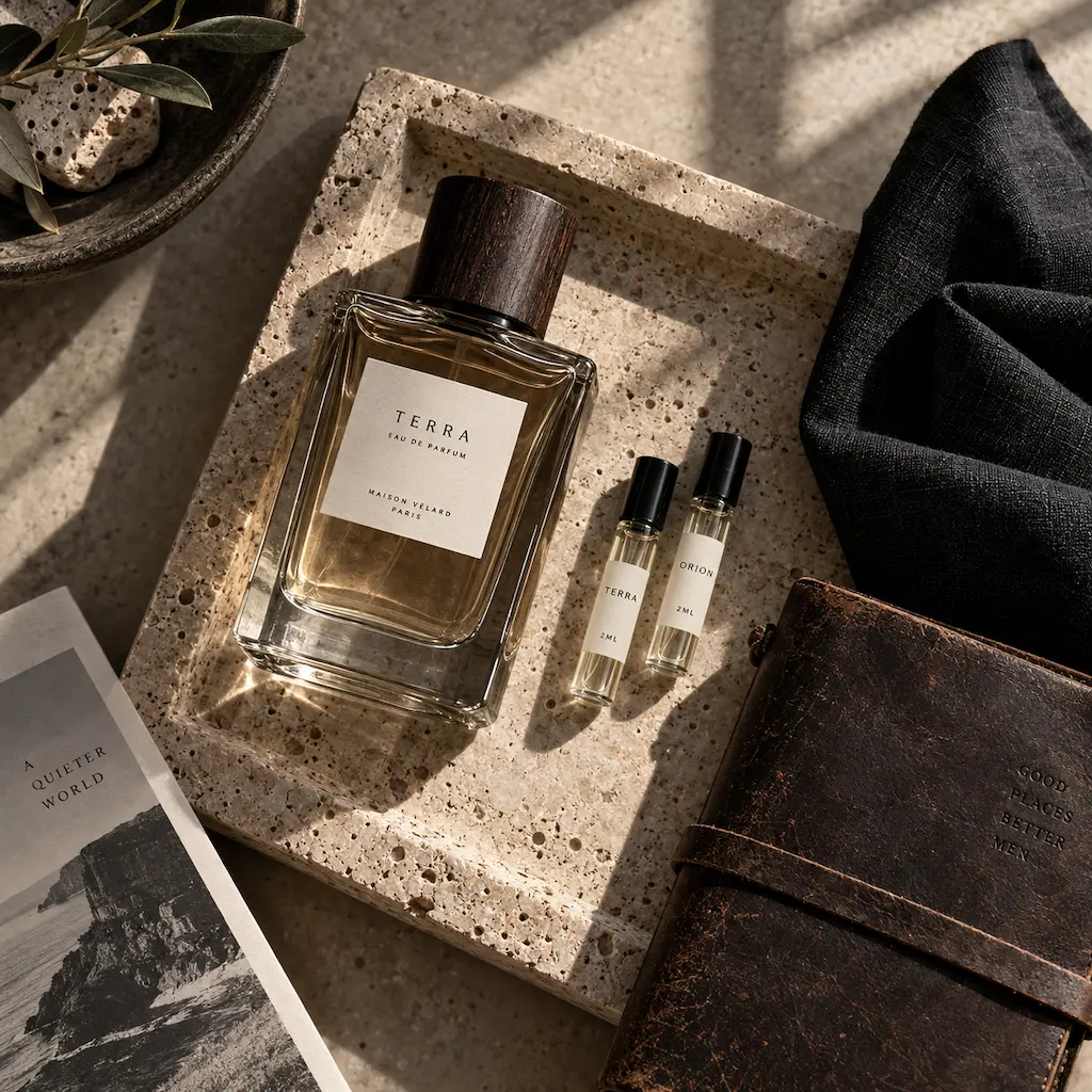 Flacon de parfum masculin et échantillons posés sur une surface en pierre