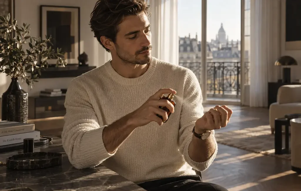 Homme élégant appliquant son parfum signature au poignet