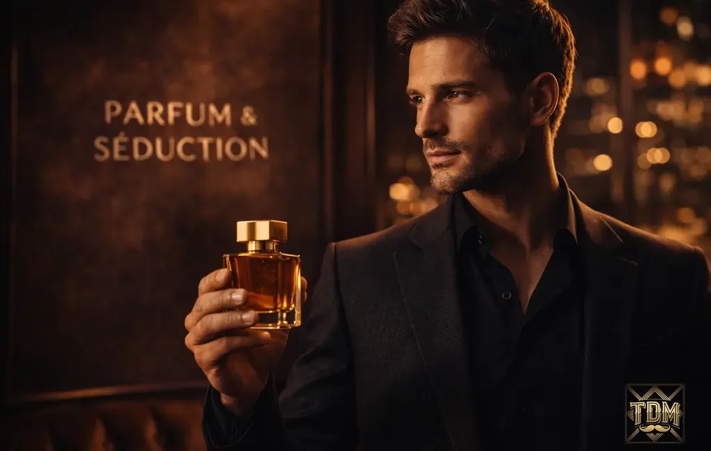 Homme élégant avec flacon, titre Parfum & Séduction, ambiance nocturne.