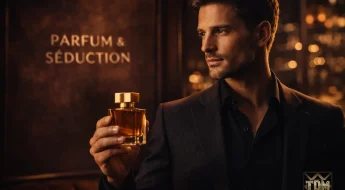 Homme élégant avec flacon, titre Parfum & Séduction, ambiance nocturne.
