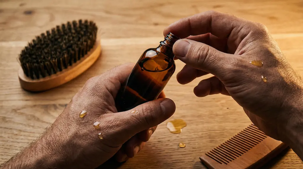 Flacon d'huile à barbe et brosse en poils de sanglier pour routine barbe