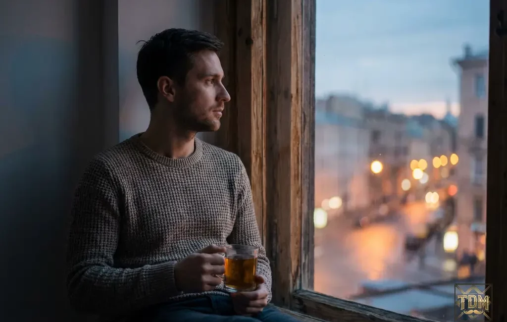 Homme pensif regardant par fenêtre questionnant sa confiance intérieure