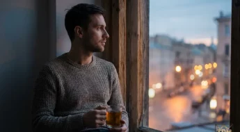 Homme pensif regardant par fenêtre questionnant sa confiance intérieure