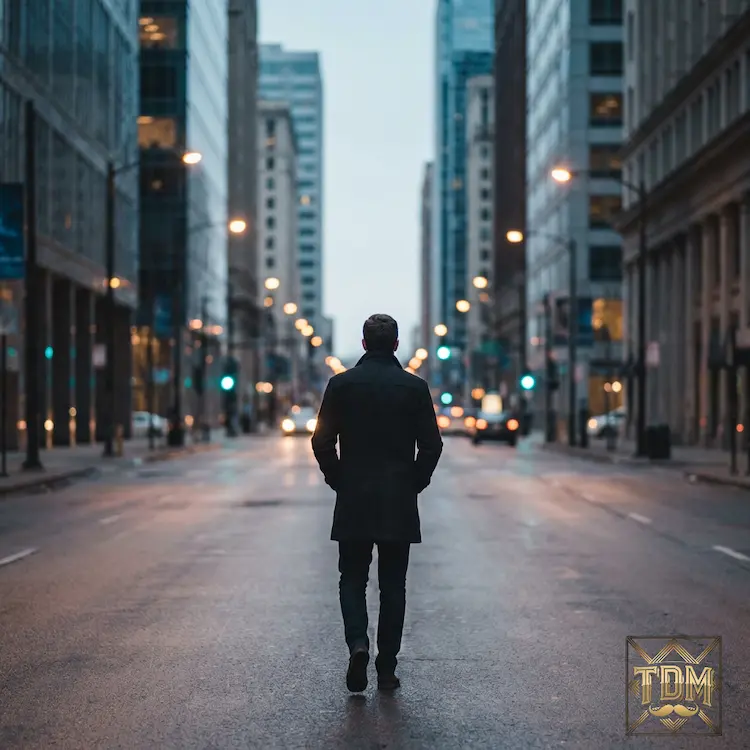 Homme seul marchant au crépuscule représentant solitude masculine moderne