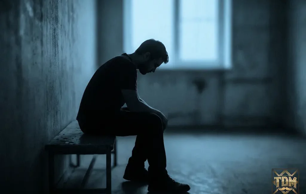 Homme seul pensif dans pénombre bleue