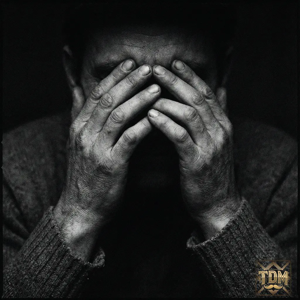 Mains masculines cachant visage dans l'ombre