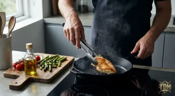 Homme saisissant du poulet dans poêle en fonte