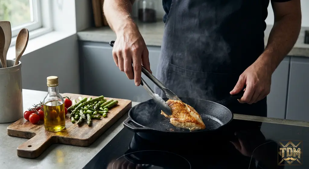 Homme saisissant du poulet dans poêle en fonte