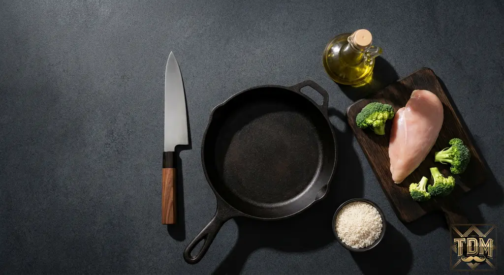 Kit cuisine minimaliste homme : couteau poêle ingrédients basiques