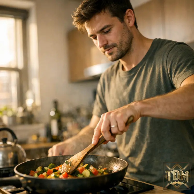Homme cuisinant avec assurance dans sa cuisine moderne