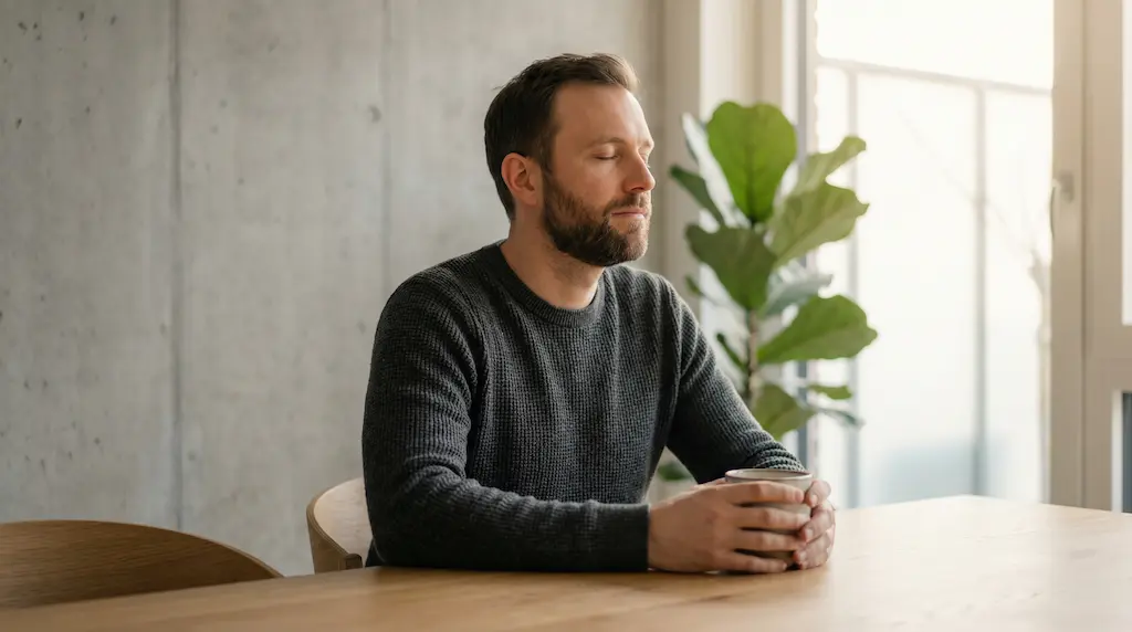 Homme méditatif à son bureau, calme et concentré avant le travail.