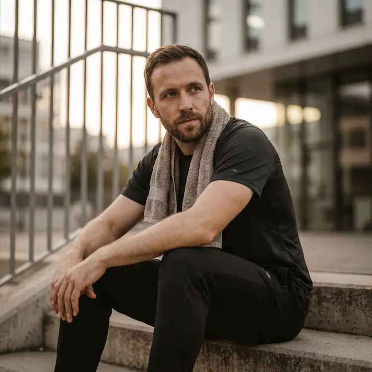Homme athlétique en introspection post‑entraînement, entre performance et équilibre nerveux.