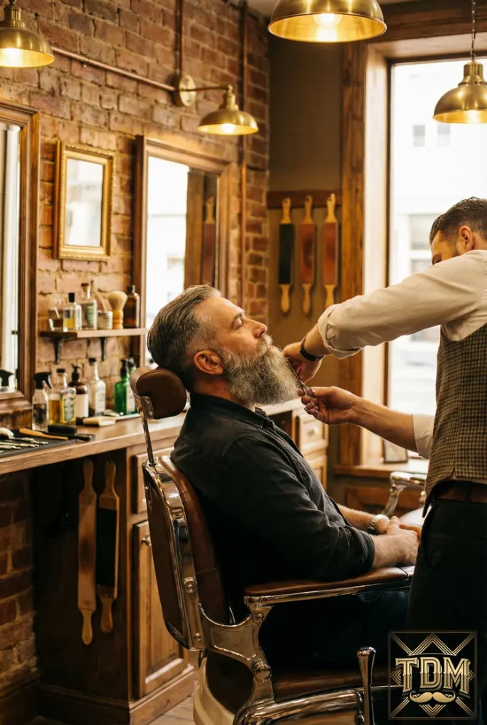 homme recevant un soin de sa barbe grise par un barbier professionnel