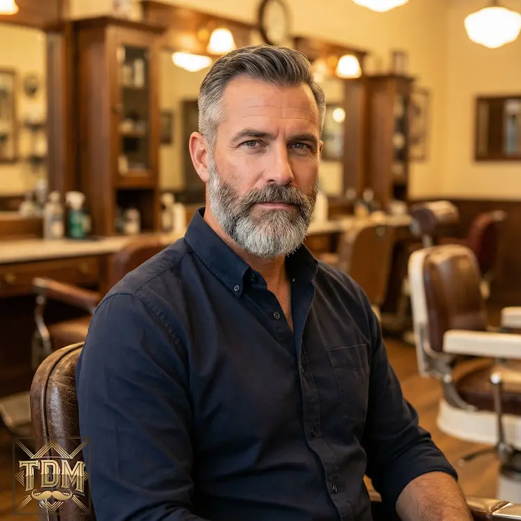 Portrait d'un homme de 45 ans avec barbe grise élégante et bien taillée dans un barbershop moderne