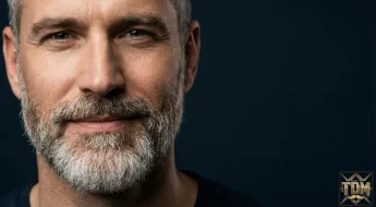 Homme de 40 ans avec une barbe poivre et sel parfaitement entretenue