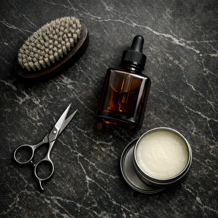 Composition de produits de soin pour barbe blanche : huile, baume, brosse et ciseaux