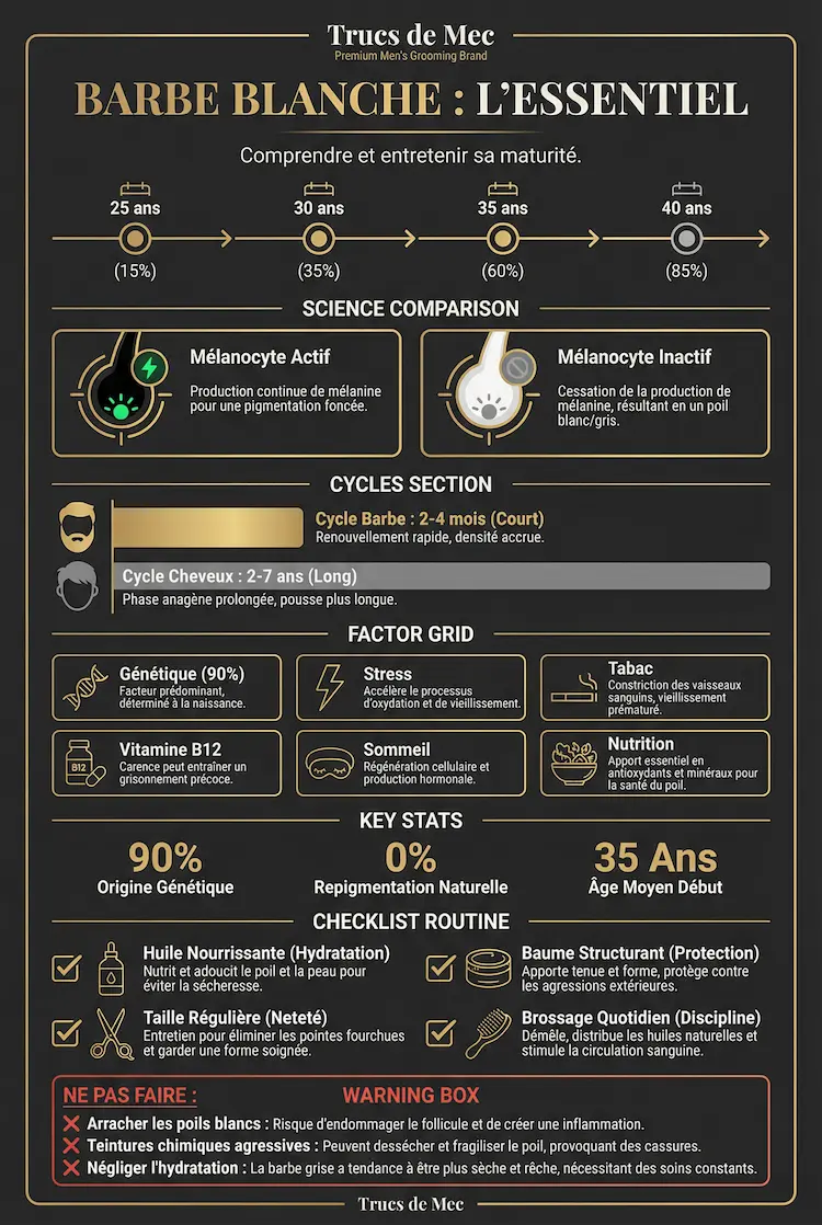  Infographie barbe blanche : timeline par âge, mécanisme follicule, facteurs, soins, fond sombre premium