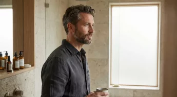 Homme 40 ans, bien groomé, miroir, salle de bain moderne