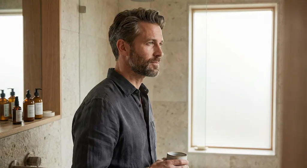 Homme 40 ans, bien groomé, miroir, salle de bain moderne