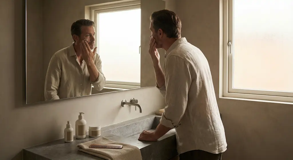 Homme appliquant crème visage, salle de bain lumineuse moderne