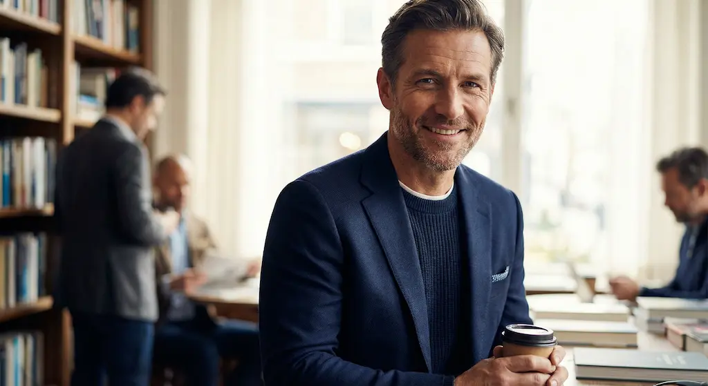 Homme confiant 40 ans, cadre social, apparence soignée naturelle.