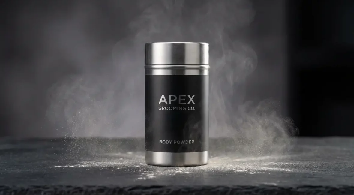 Poudre intime pour homme - produit cosmétique moderne sur fond sombre minimaliste