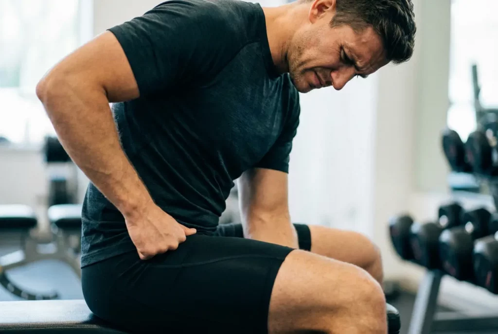 Homme sportif ressentant inconfort et irritation entre les cuisses pendant l'exercice physique