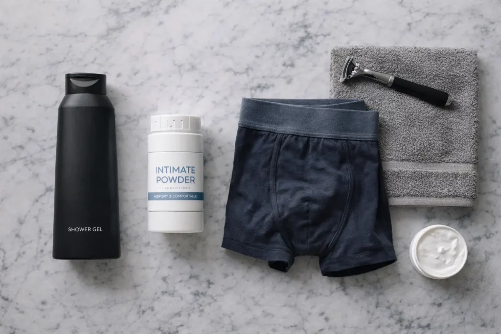 Routine grooming masculine complète avec poudre intime, produits d'hygiène et sous-vêtements adaptés