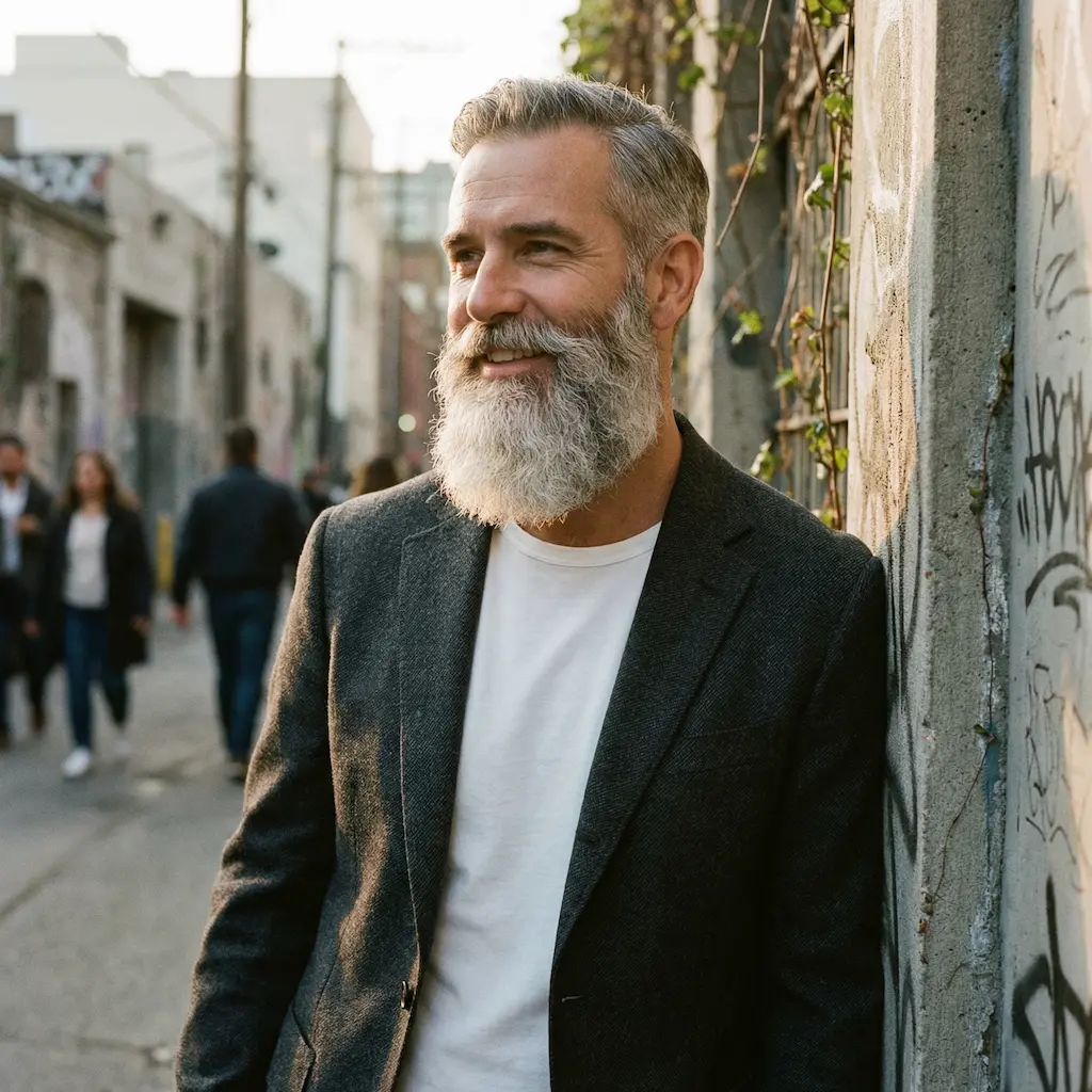Homme stylé avec barbe grise en cadre urbain