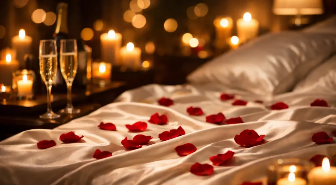 Chambre romantique avec bougies et pétales de roses