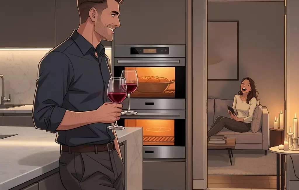 Homme détendu dans sa cuisine avant un dîner