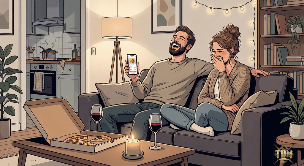 Couple riant devant une pizza après un plat raté