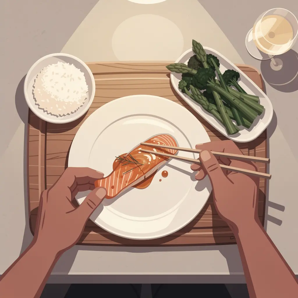 Mains dressant une assiette de saumon teriyaki
