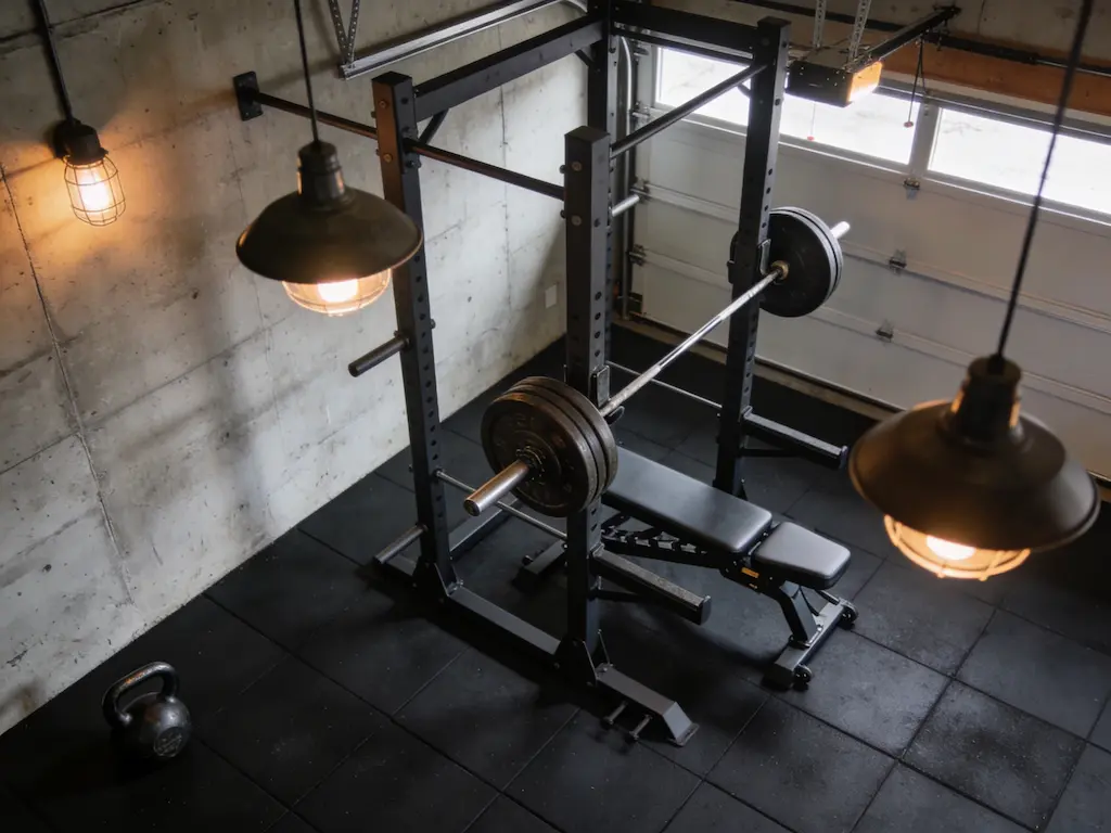 Garage aménagé en home gym avec cage de squat