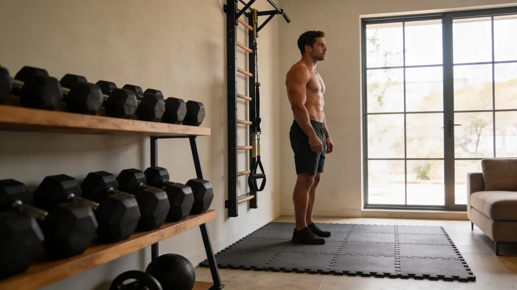 Espace fitness maison aménagé dans un salon moderne