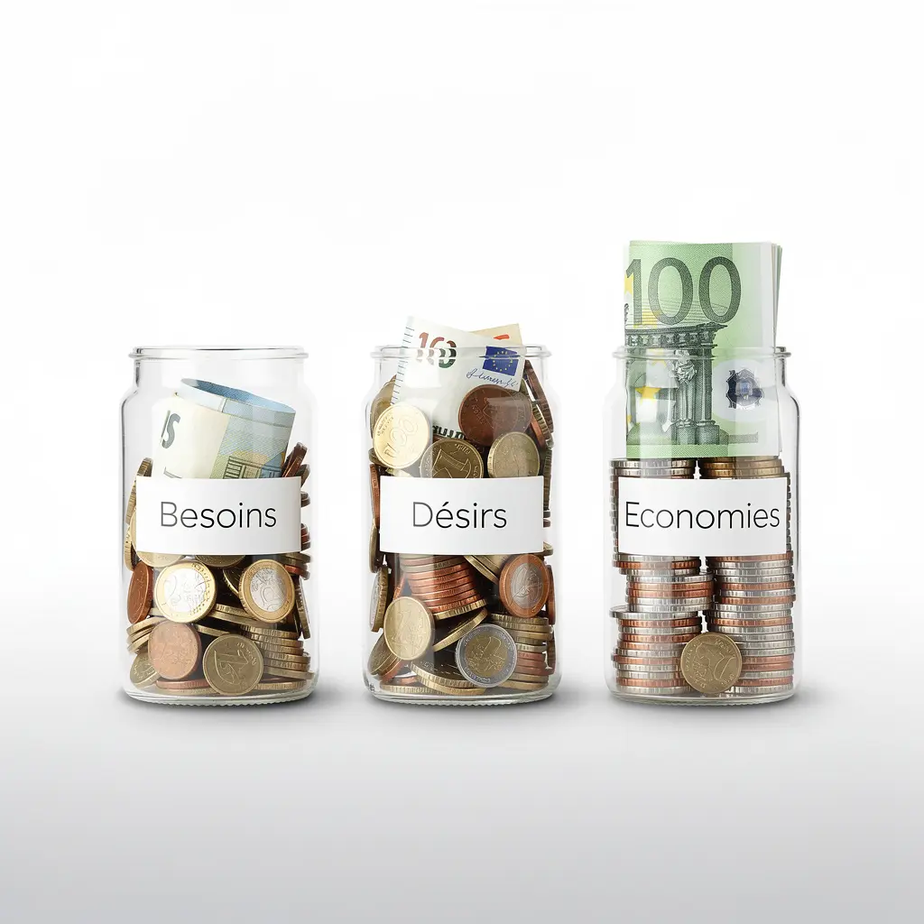 Trois bocaux représentant la répartition budgétaire 50/30/20