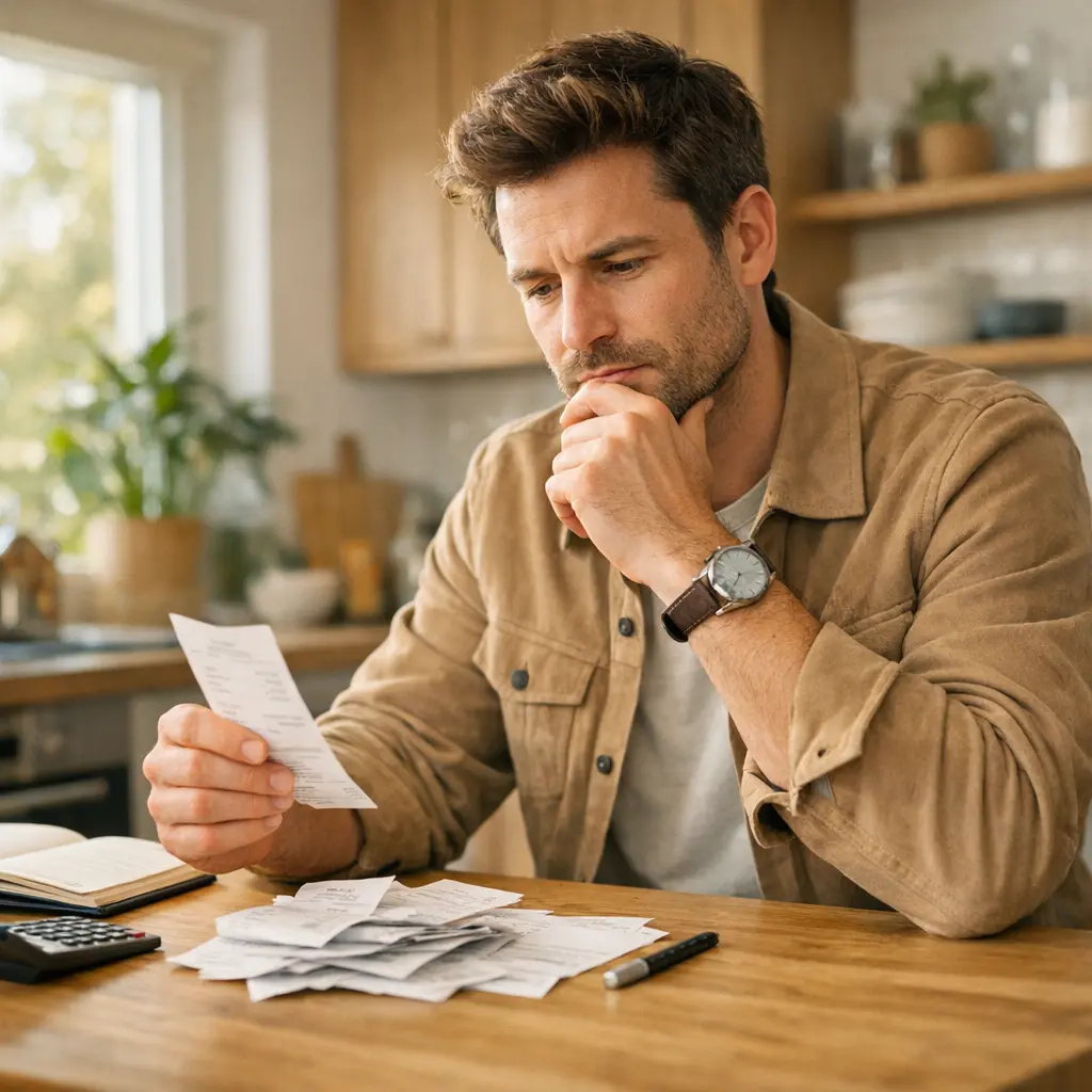 Homme analysant ses dépenses dans sa cuisine moderne