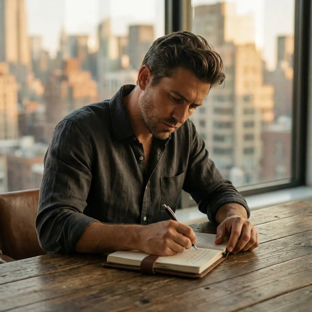 Homme écrivant dans son journal le matin