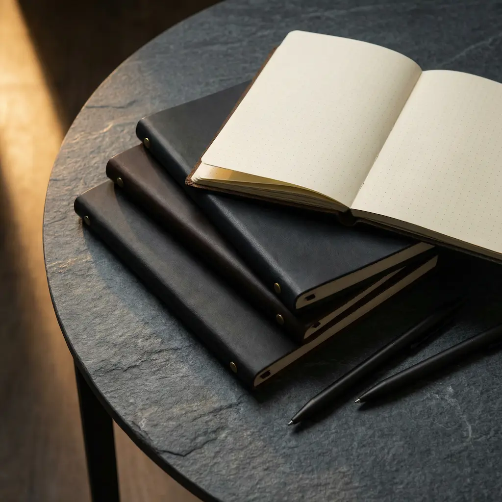 Trois carnets premium empilés avec stylos minimalistes