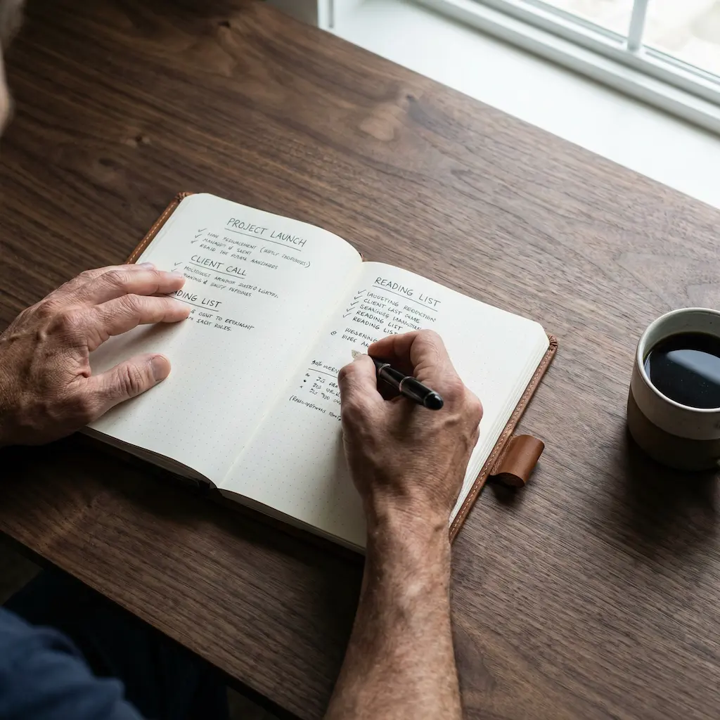 Mains d'homme écrivant dans un bullet journal