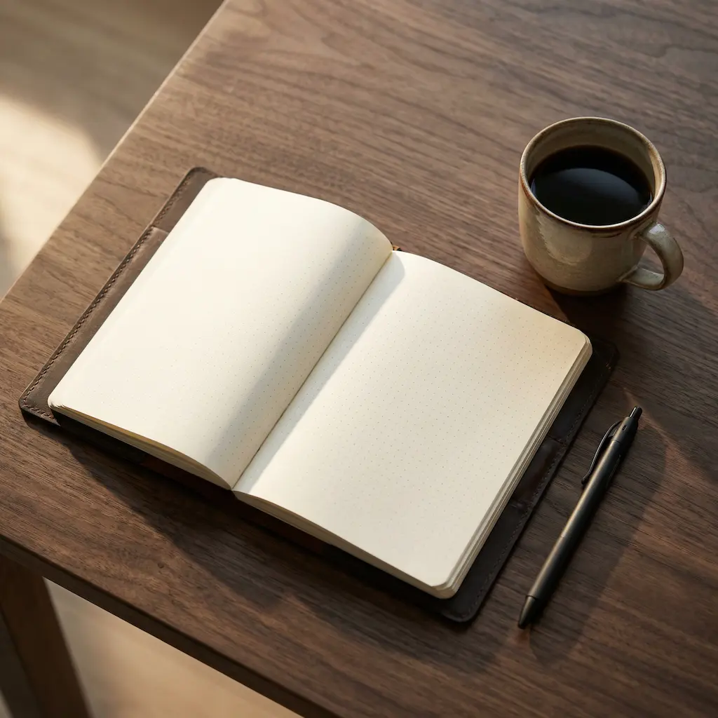 Carnet A5 ouvert avec stylo et café noir