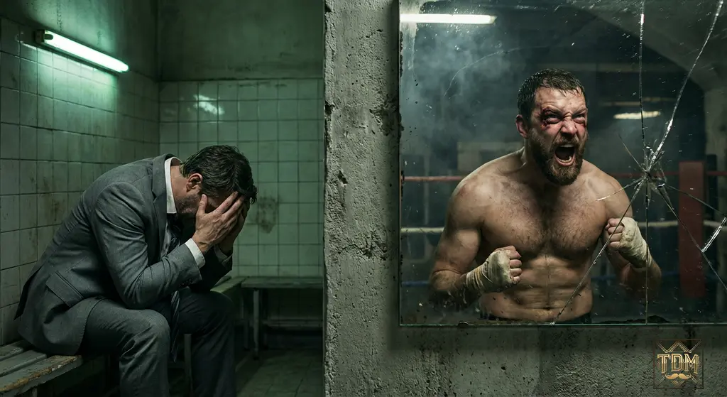 Homme en costume face à son reflet combattant Fight Club