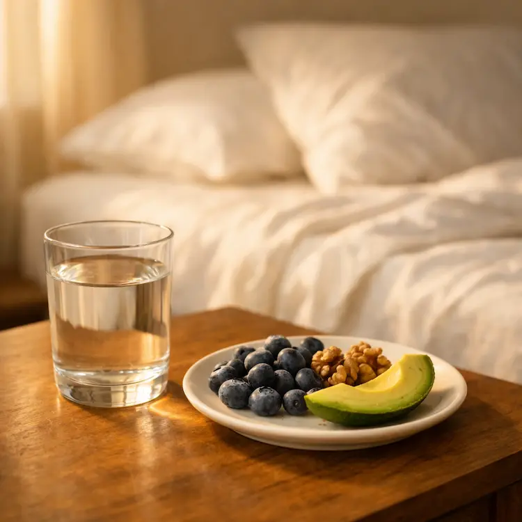 Verre d'eau, aliments sains et lit au lever du jour