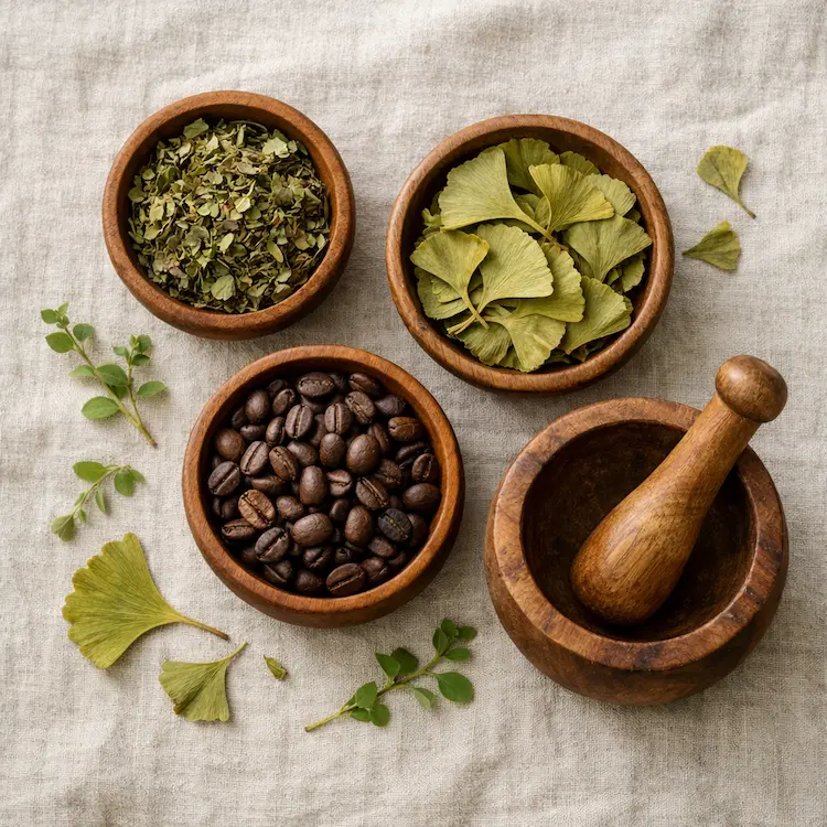 Bacopa monnieri, ginkgo biloba et grains de café en présentation botanique