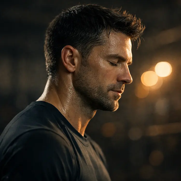 Athlète concentré les yeux fermés avant une compétition sportive