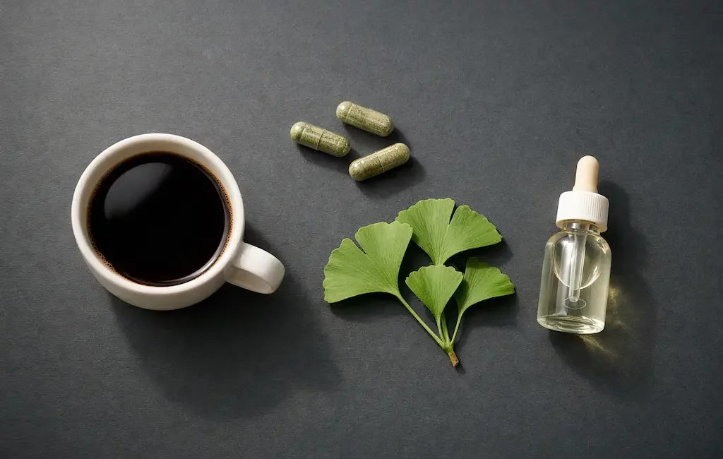 Café, gélules nootropiques et feuilles de ginkgo biloba sur fond sombre.