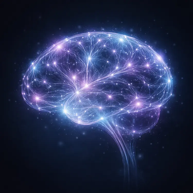 Représentation abstraite d'un cerveau avec connexions neuronales lumineuses
