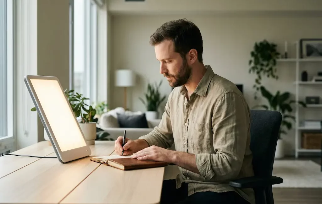 Homme écrivant sous une lampe de luminothérapie le matin