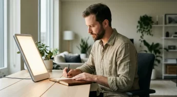Homme écrivant sous une lampe de luminothérapie le matin